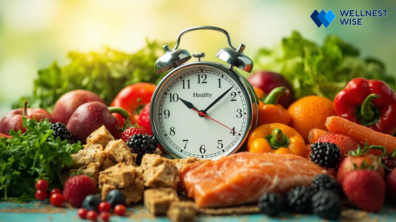 Clock illustrating eating windows with healthy food choices for intermittent fasting