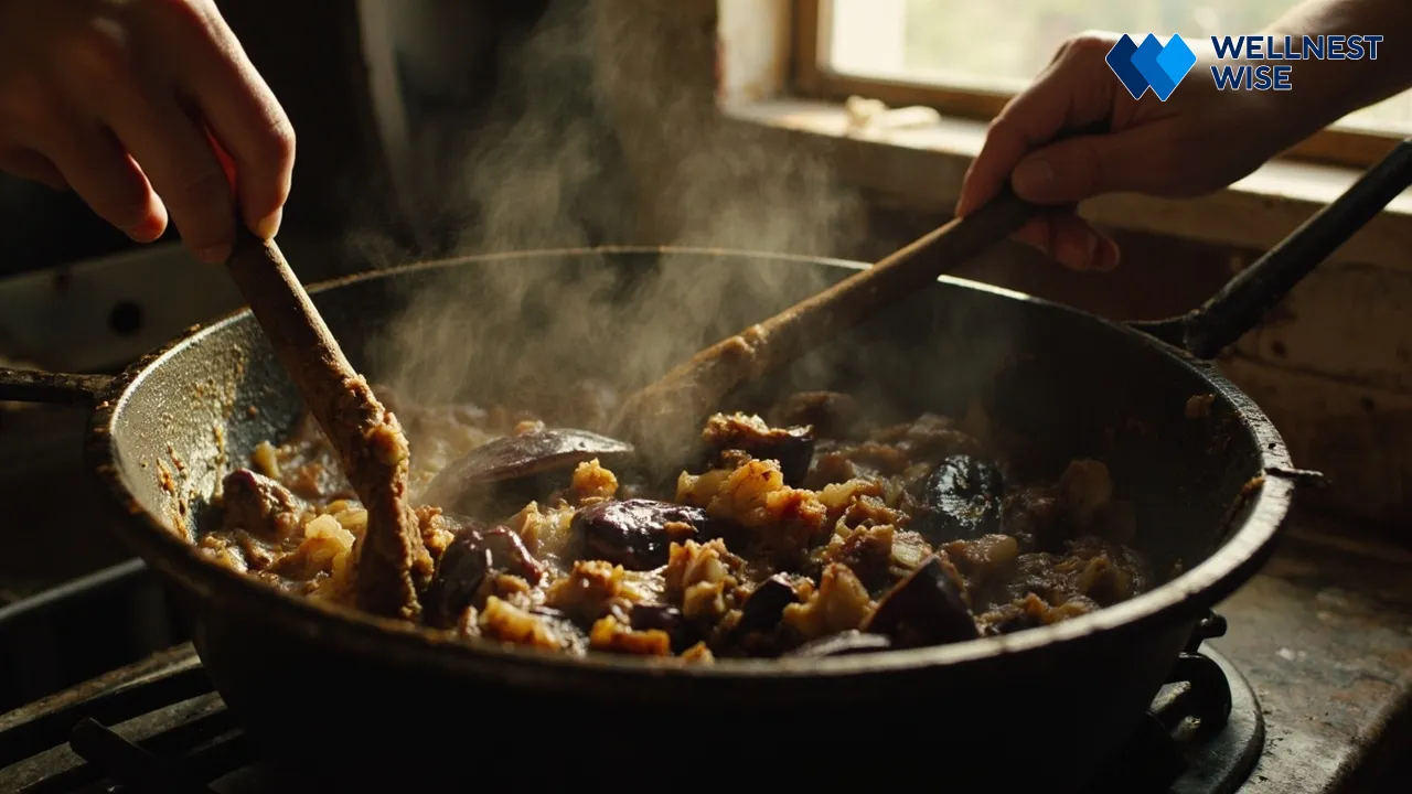 Hands mashing cooked eggplant and onions for Kashk-e Bademjan