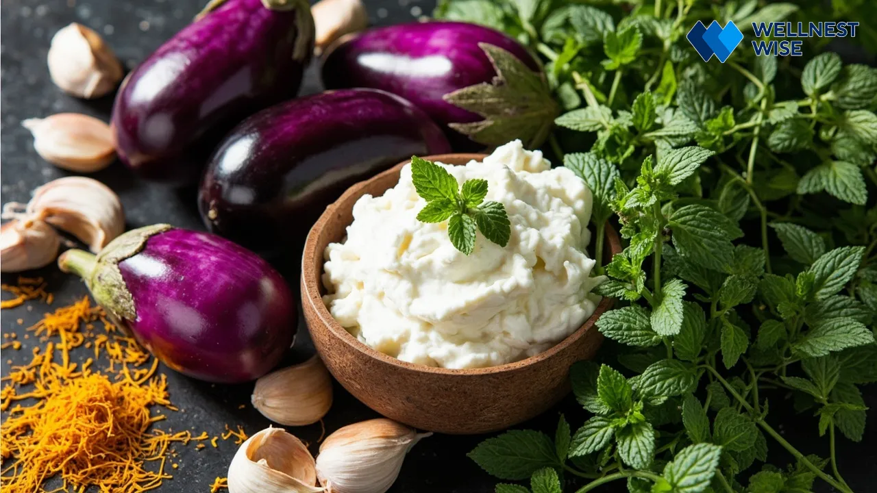 Raw ingredients for Kashk-e Bademjan illustrating their nutritional value