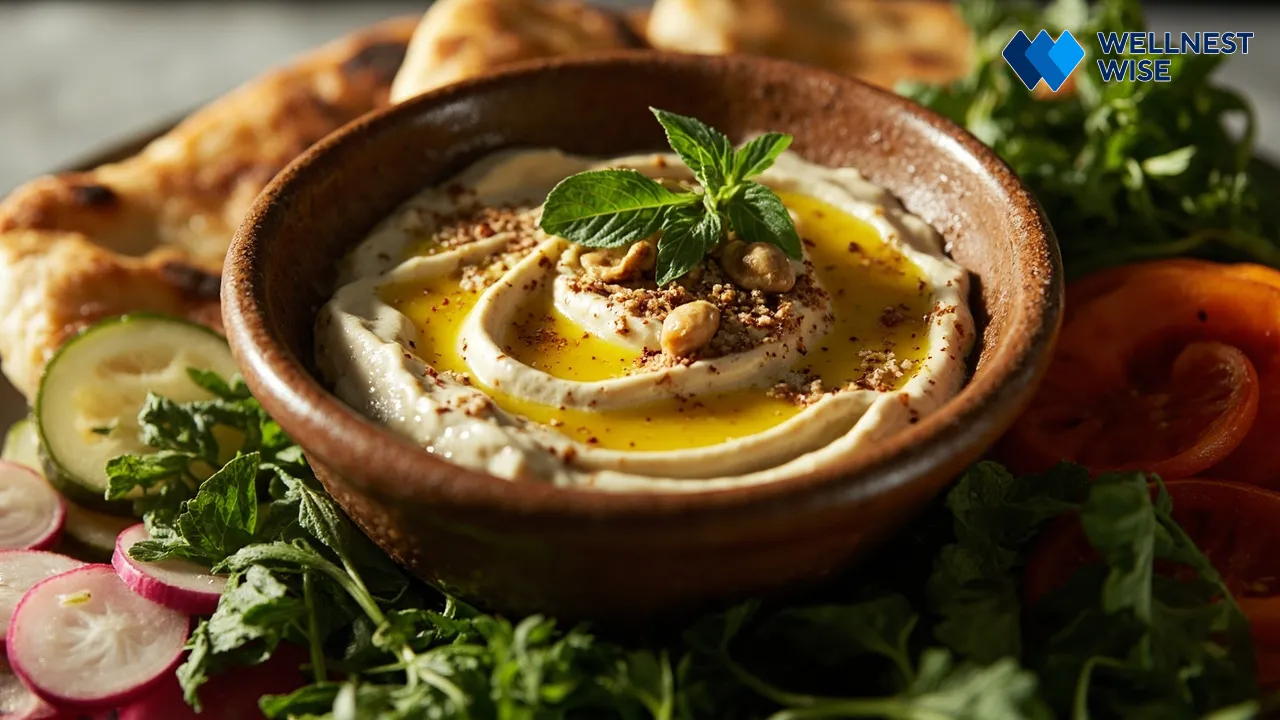 Garnished Kashk-e Bademjan served with an array of traditional accompaniments