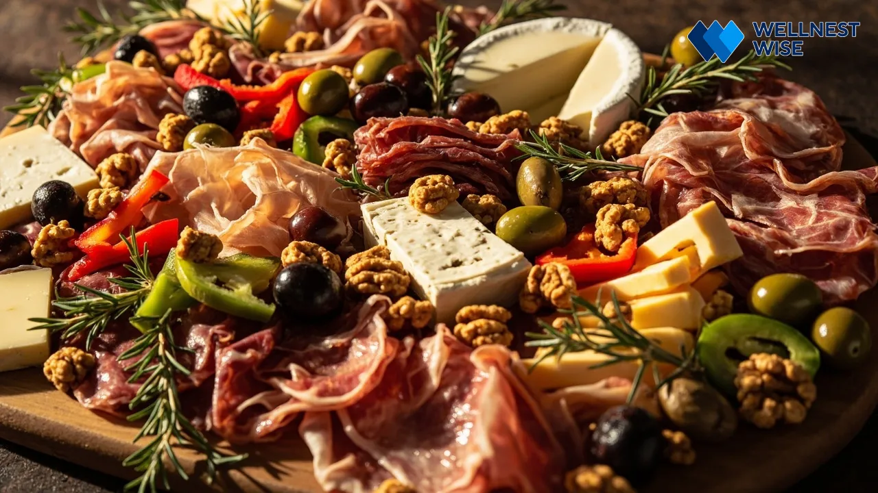 A delicious and visually appealing keto charcuterie board with cheese, meats, and olives.