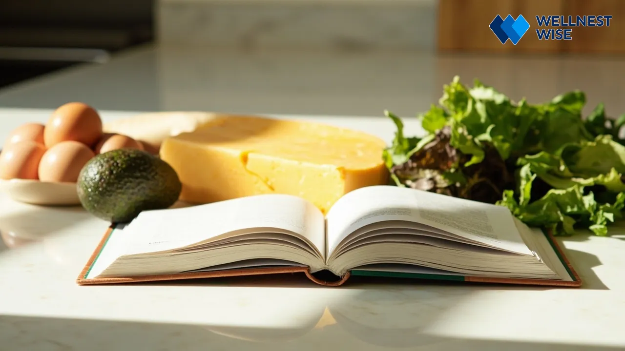 Open cookbook with keto ingredients for meal preparation.