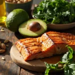 A healthy assortment of keto diet foods including salmon, avocado, greens, nuts, and olive oil.