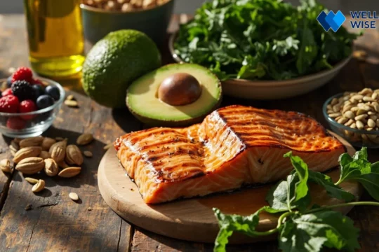 A healthy assortment of keto diet foods including salmon, avocado, greens, nuts, and olive oil.