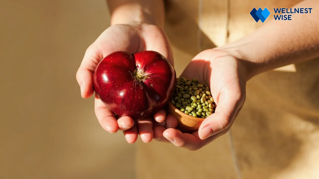 Hands holding heart-shaped vegetable and lentils, representing cardiovascular health.