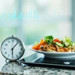 Kitchen scale measuring food portion next to a timer, symbolizing calorie control and meal timing.