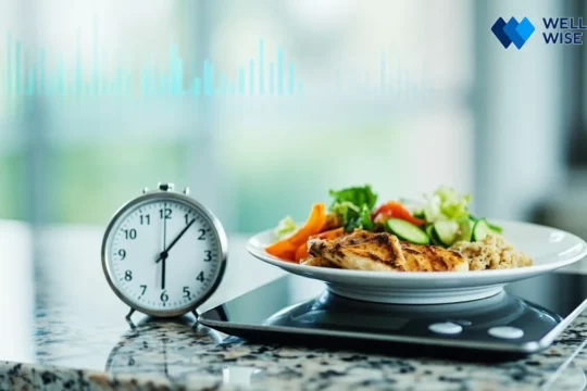Kitchen scale measuring food portion next to a timer, symbolizing calorie control and meal timing.