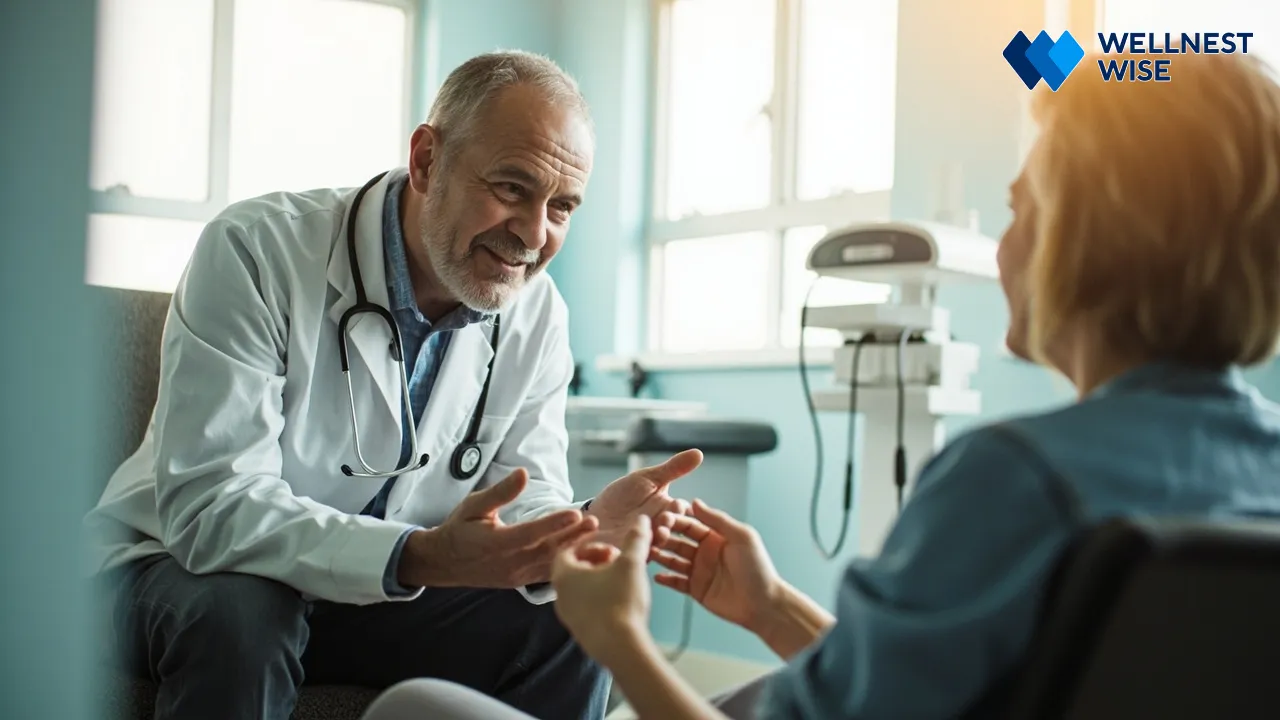 Patient consulting doctor about persistent sore throat