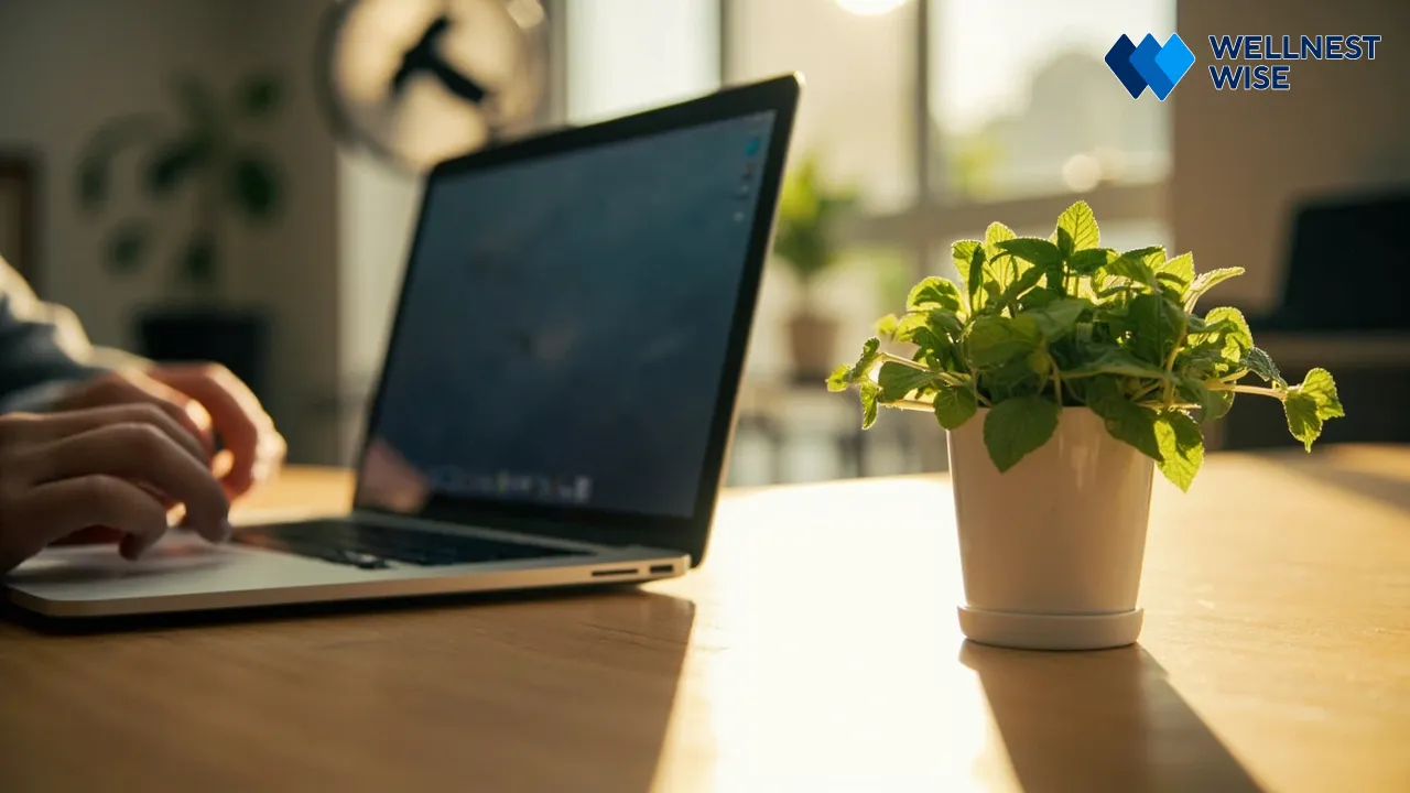 Person focused while working, subtle hint of mint plant on the desk for concentration