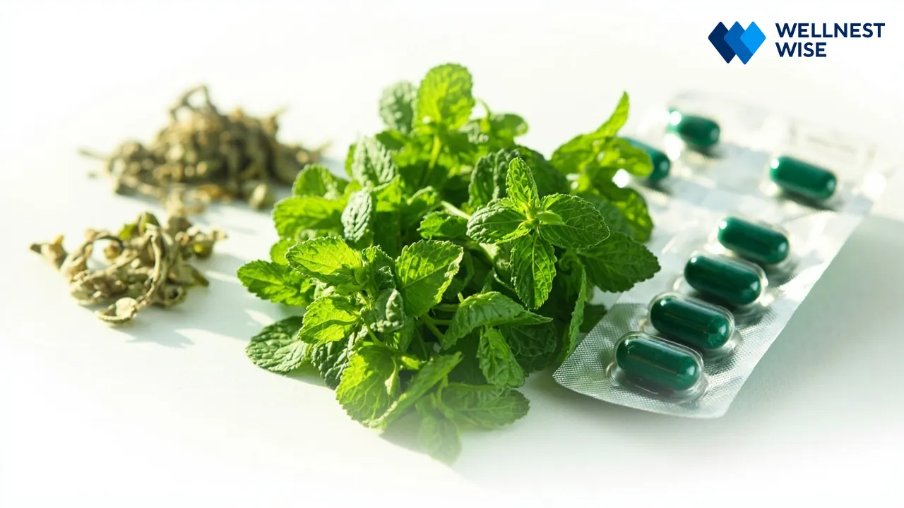 Different forms of mint: fresh leaves, dried tea, and enteric-coated Peppermint Oil capsules for digestive health