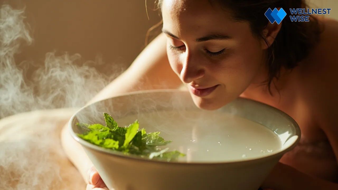 Aromatherapy for decongestion using a bowl of steaming water infused with fresh mint leaves