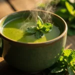 Steaming mug of fresh mint tea with vibrant green peppermint leaves on a wooden table
