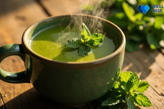 Steaming mug of fresh mint tea with vibrant green peppermint leaves on a wooden table