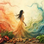 Abstract illustration of Mizaj body temperaments and balanced traditional foods for personalized health