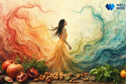 Abstract illustration of Mizaj body temperaments and balanced traditional foods for personalized health