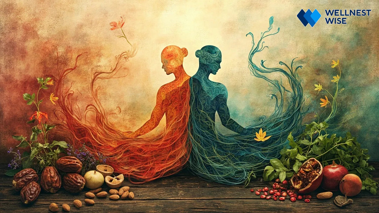 Abstract illustration of Mizaj body temperaments and balanced traditional foods for personalized health