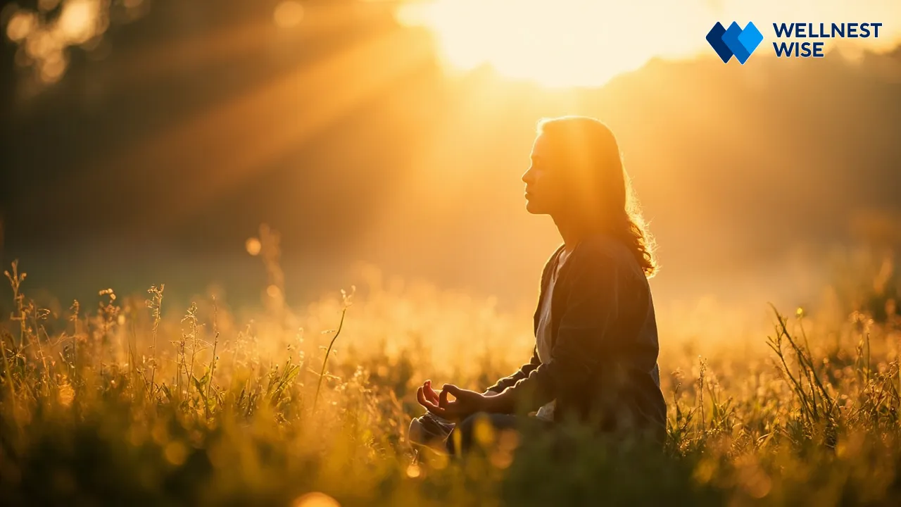Person meditating outdoors, symbolizing holistic well-being and lifestyle balance in Mizaj