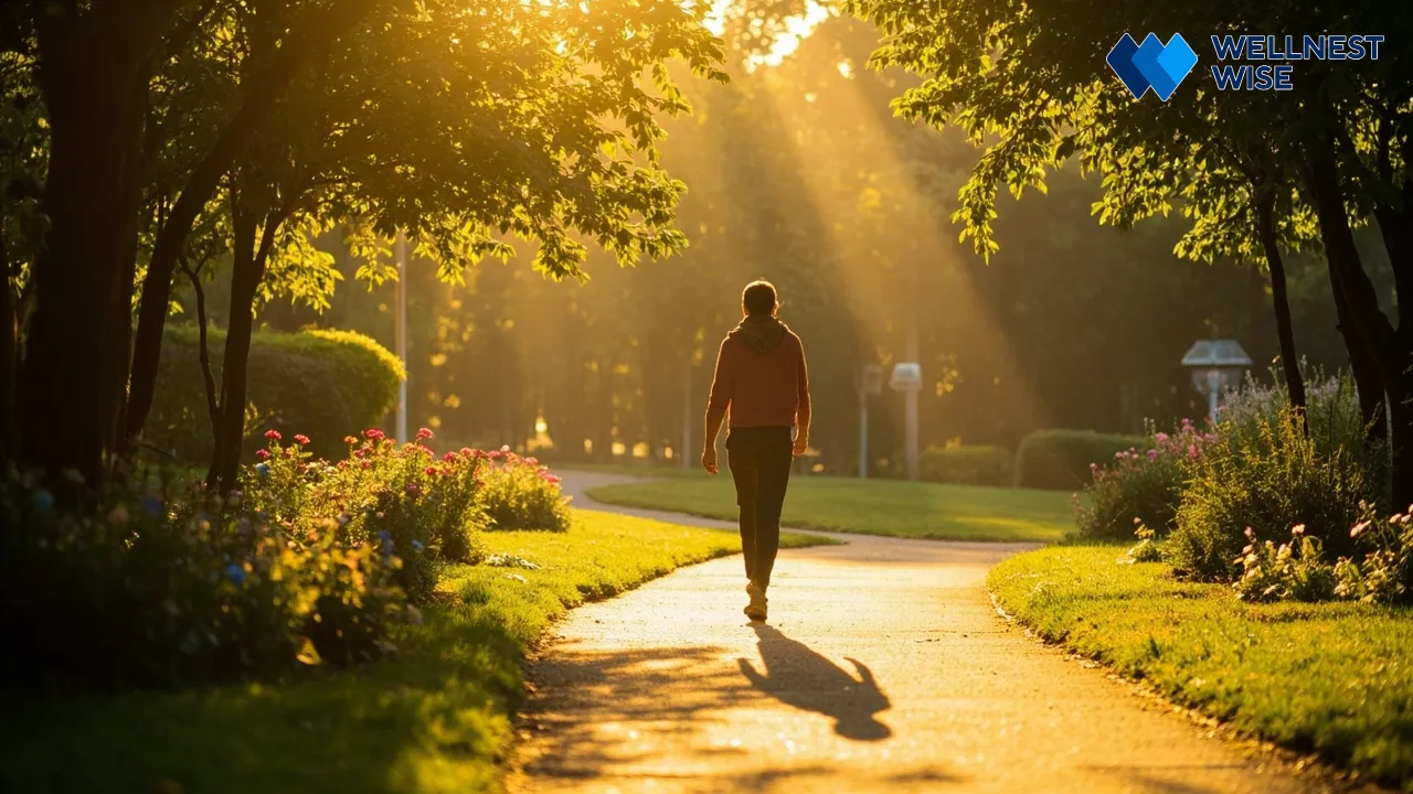 Person walking in nature for active lifestyle and mental wellness