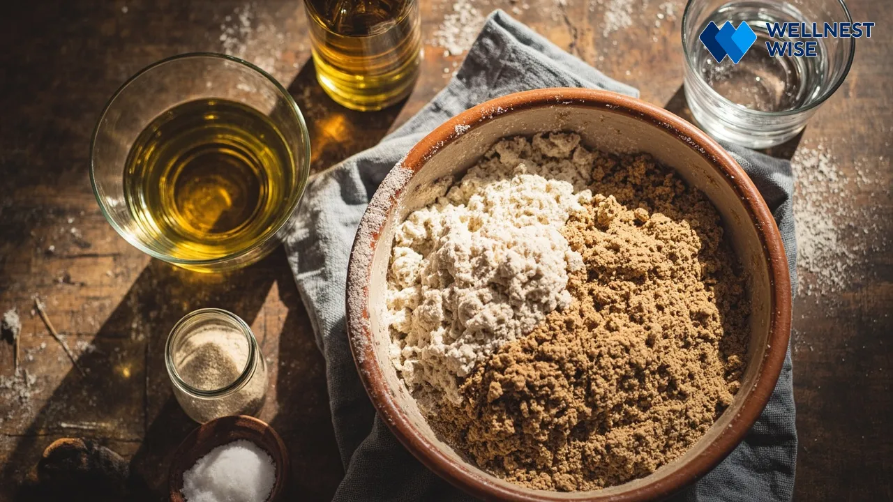 Essential ingredients for healthy homemade pizza dough recipe laid out