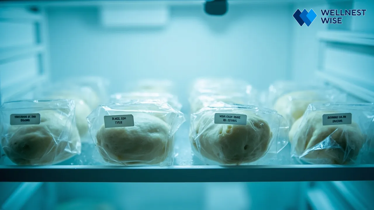 Homemade pizza dough portions stored in containers in the fridge