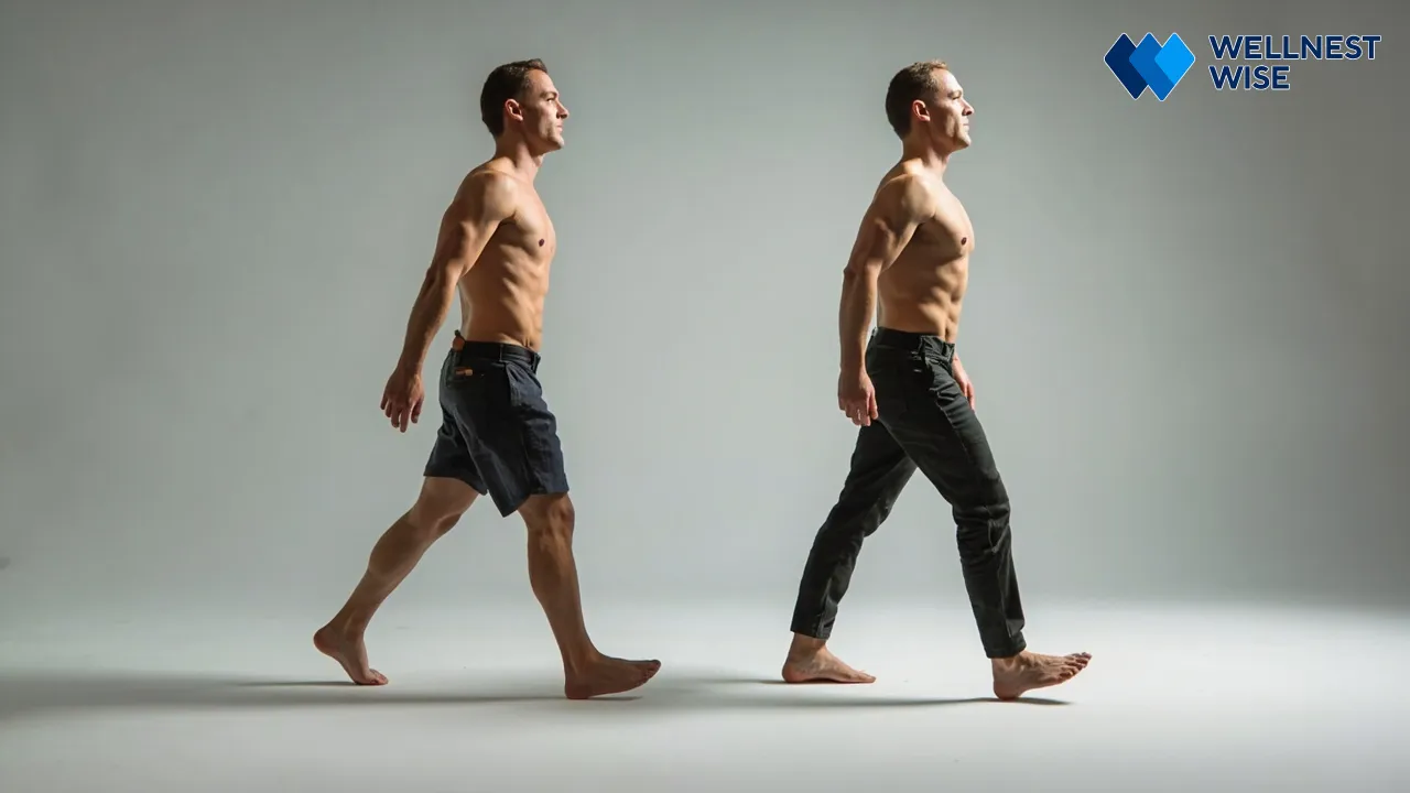 Visual guide comparing bad walking posture versus optimal walking technique.