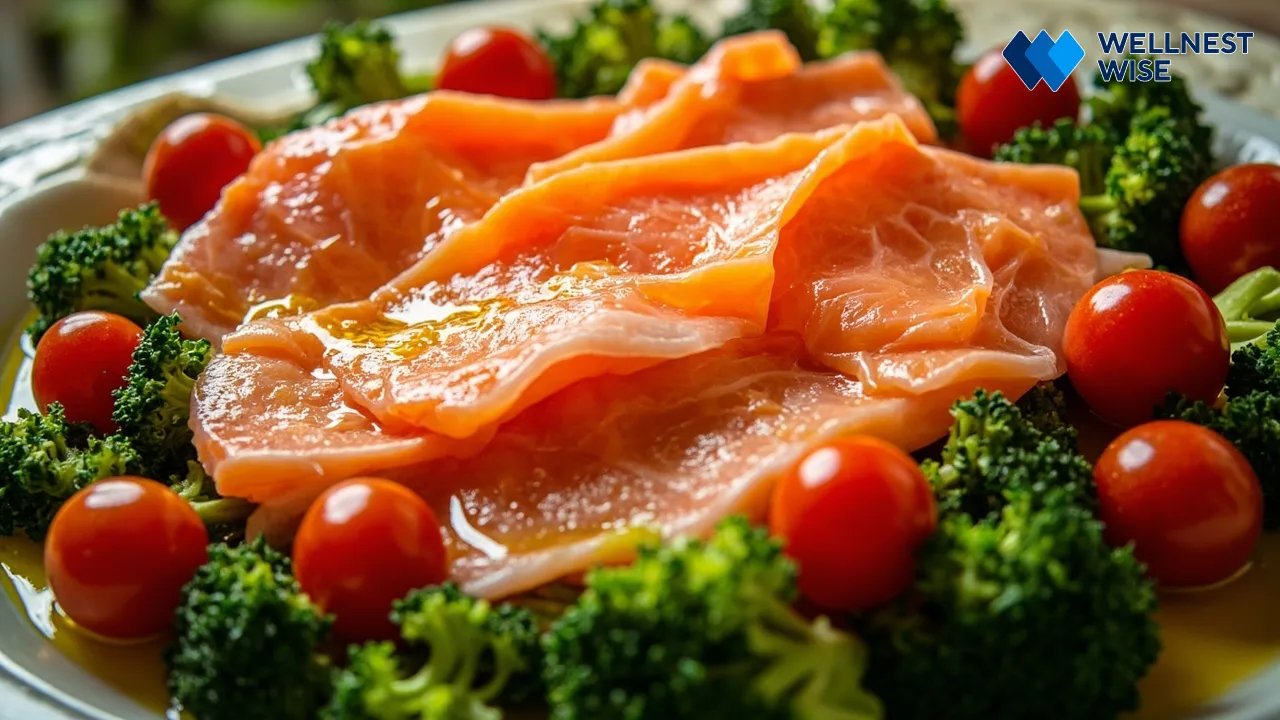 Illustration of a healthy body with heart and brain highlighted, connecting to salmon for health benefits.