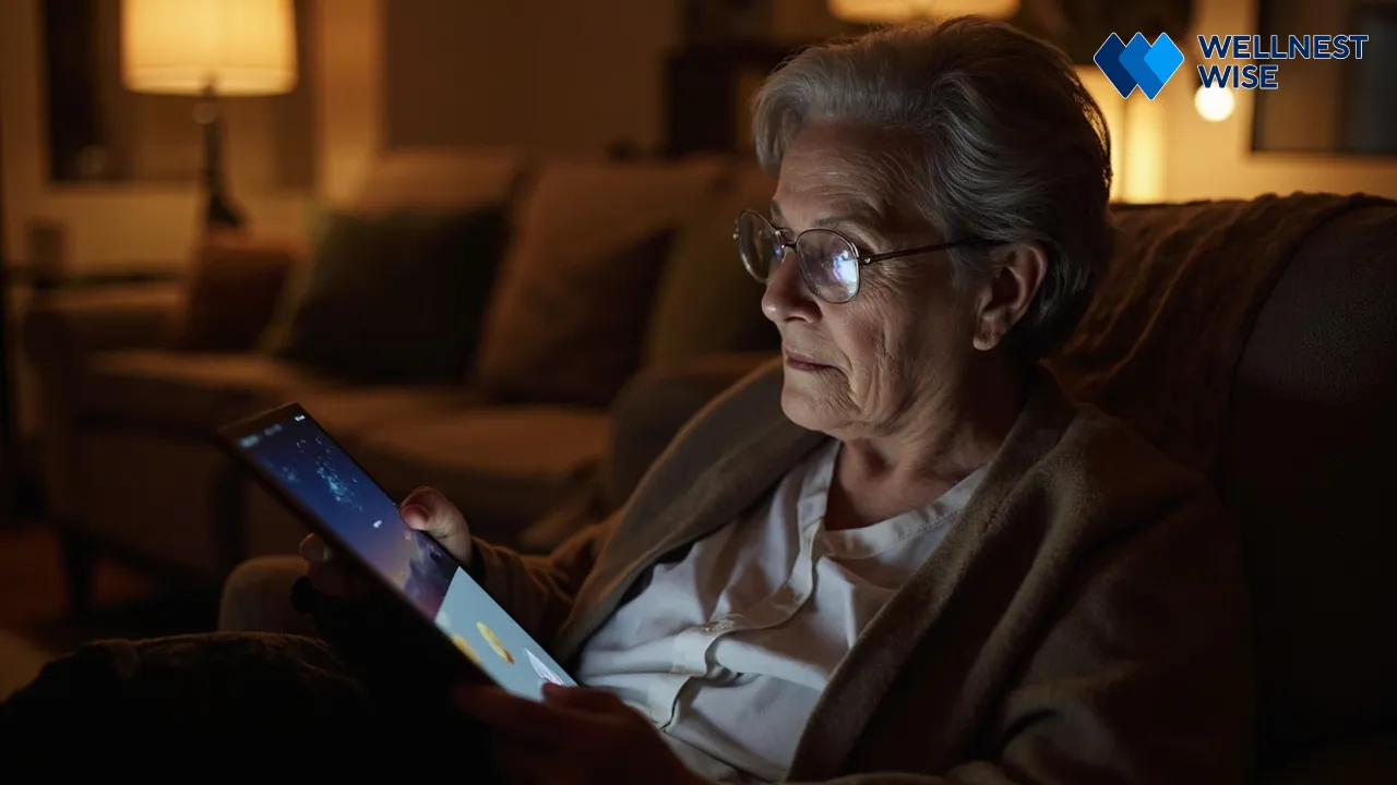 Senior woman engaging with a digital CBT-I app on a tablet, showcasing ease of use for online sleep therapy.