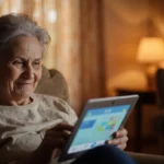 Senior woman smiling peacefully, using a tablet for digital CBT-I therapy, symbolizing restful sleep.