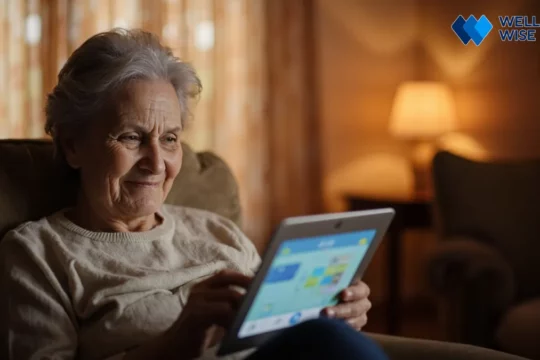 Senior woman smiling peacefully, using a tablet for digital CBT-I therapy, symbolizing restful sleep.