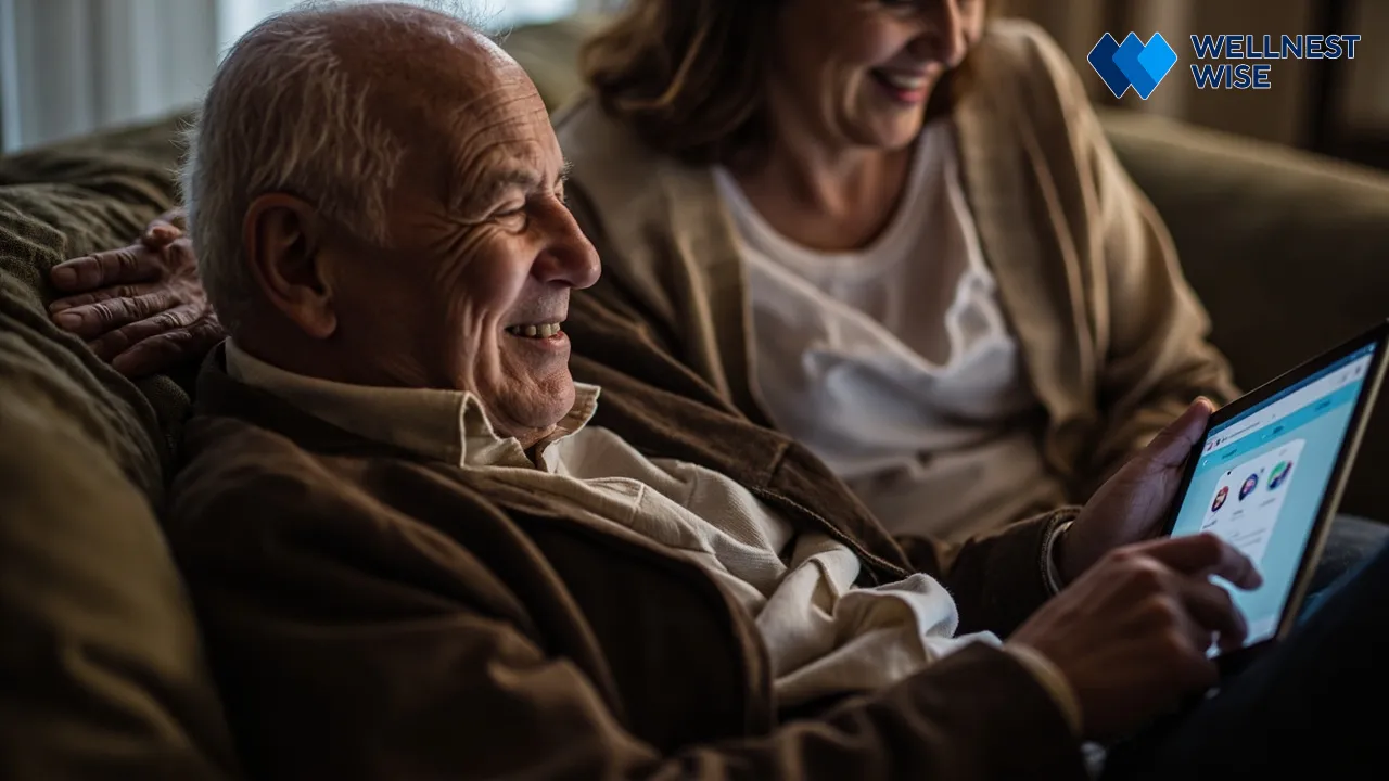 Content senior person using a tablet for digital therapy with a caregiver nearby, emphasizing user-friendliness and support.
