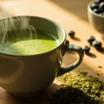 Steaming cup of vibrant green tea surrounded by loose tea leaves and fresh blueberries.