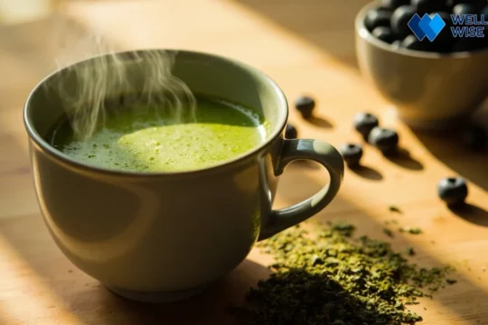 Steaming cup of vibrant green tea surrounded by loose tea leaves and fresh blueberries.