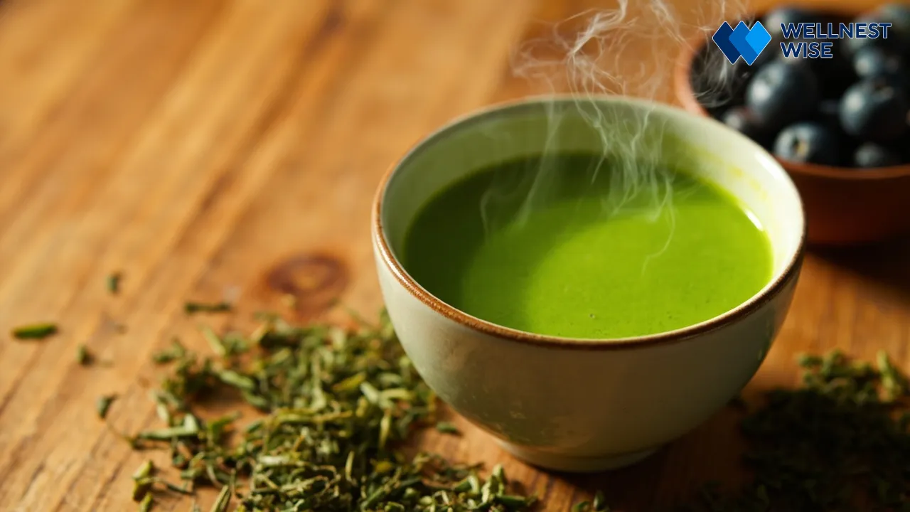 Steaming cup of vibrant green tea surrounded by loose tea leaves and fresh blueberries.