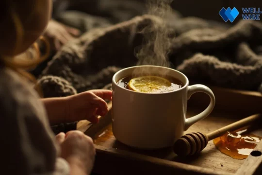 Child drinking herbal tea and honey for cough relief at night