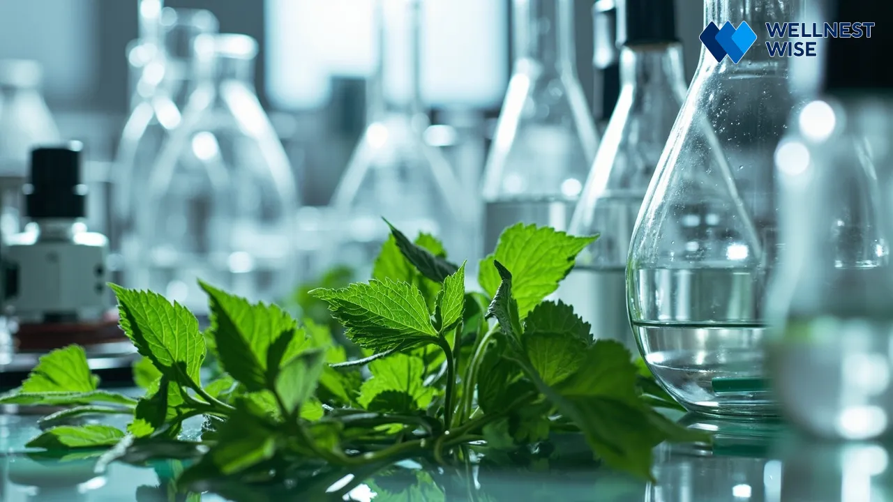 Steviol glycosides molecular structure and Stevia leaves