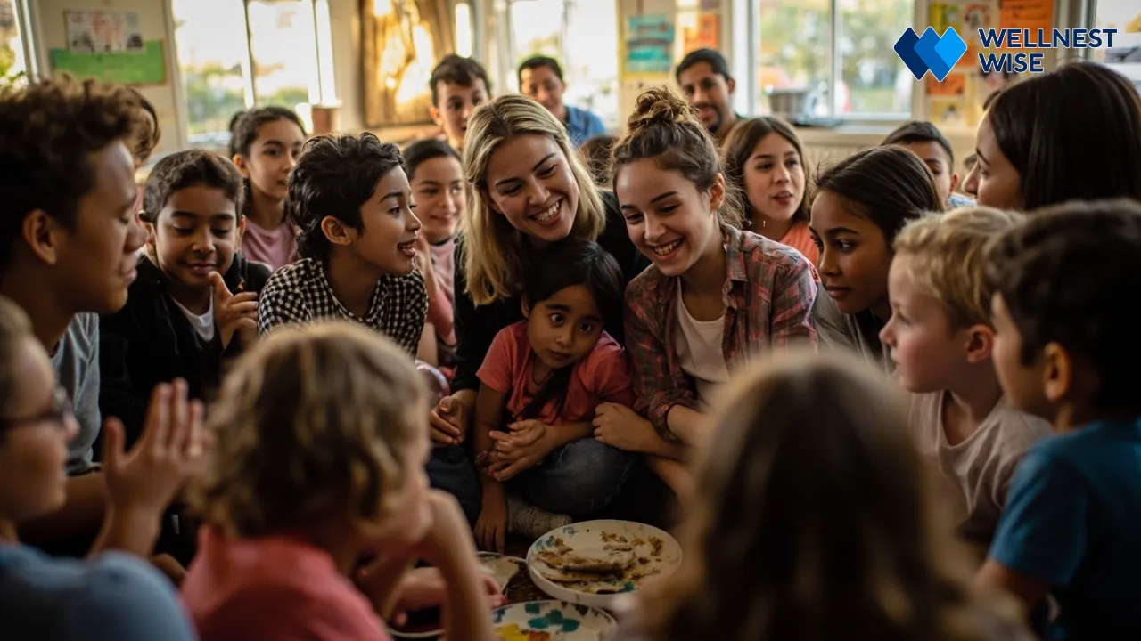 Diverse community group engaged in supportive interaction, symbolizing collective well-being and understanding.