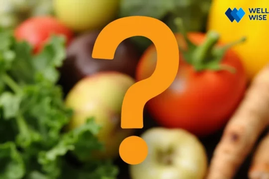 Question mark symbolizing an unclear topic over blurred healthy food items