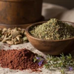 Authentic Za'atar spice blend with its core ingredients: thyme, sumac, and sesame seeds