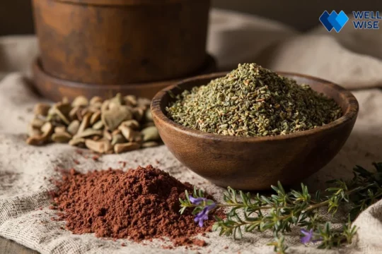 Authentic Za'atar spice blend with its core ingredients: thyme, sumac, and sesame seeds