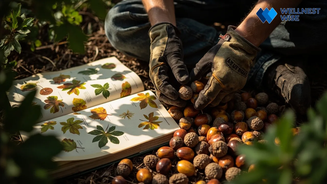 Sorting raw acorns while referencing a guide book for safe identification of Quercus species.