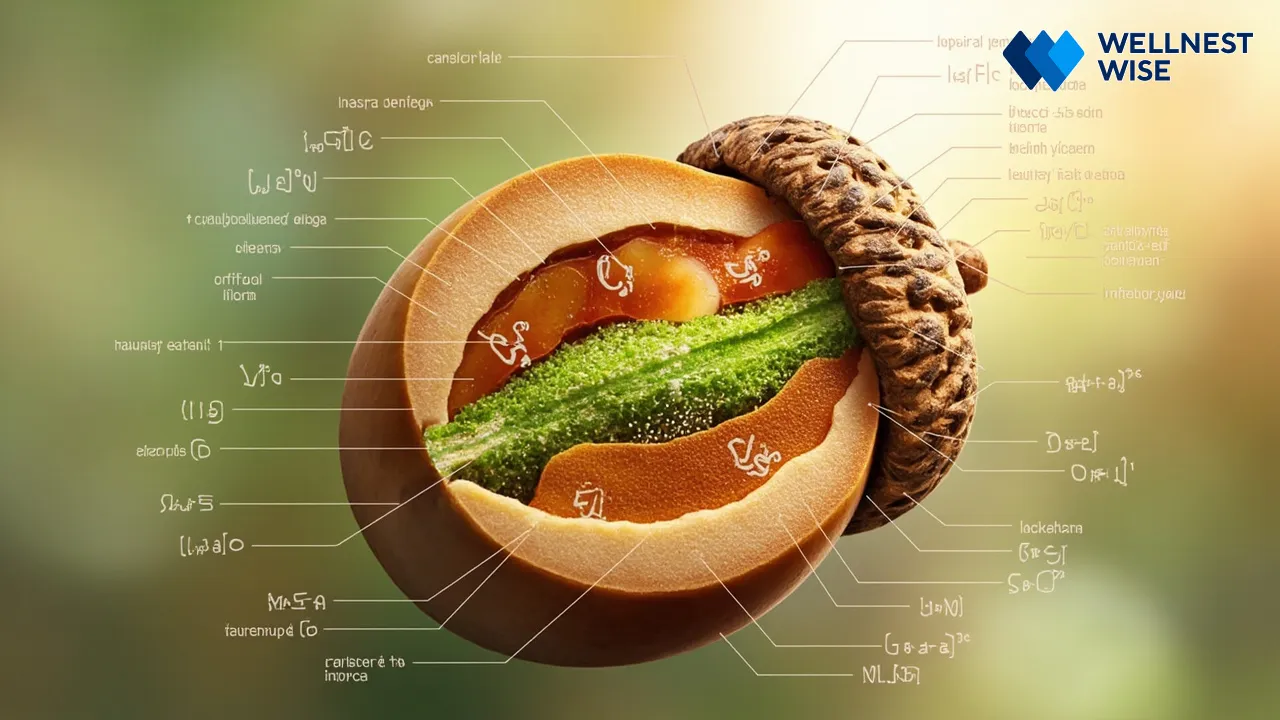 Scientific illustration detailing the rich nutritional profile of an acorn, highlighting healthy fats and complex carbohydrates.