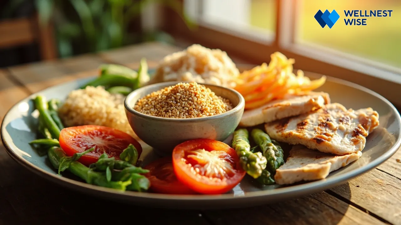 Balanced meal plate with whole foods and wheat germ, representing calorie surplus for healthy weight gain.