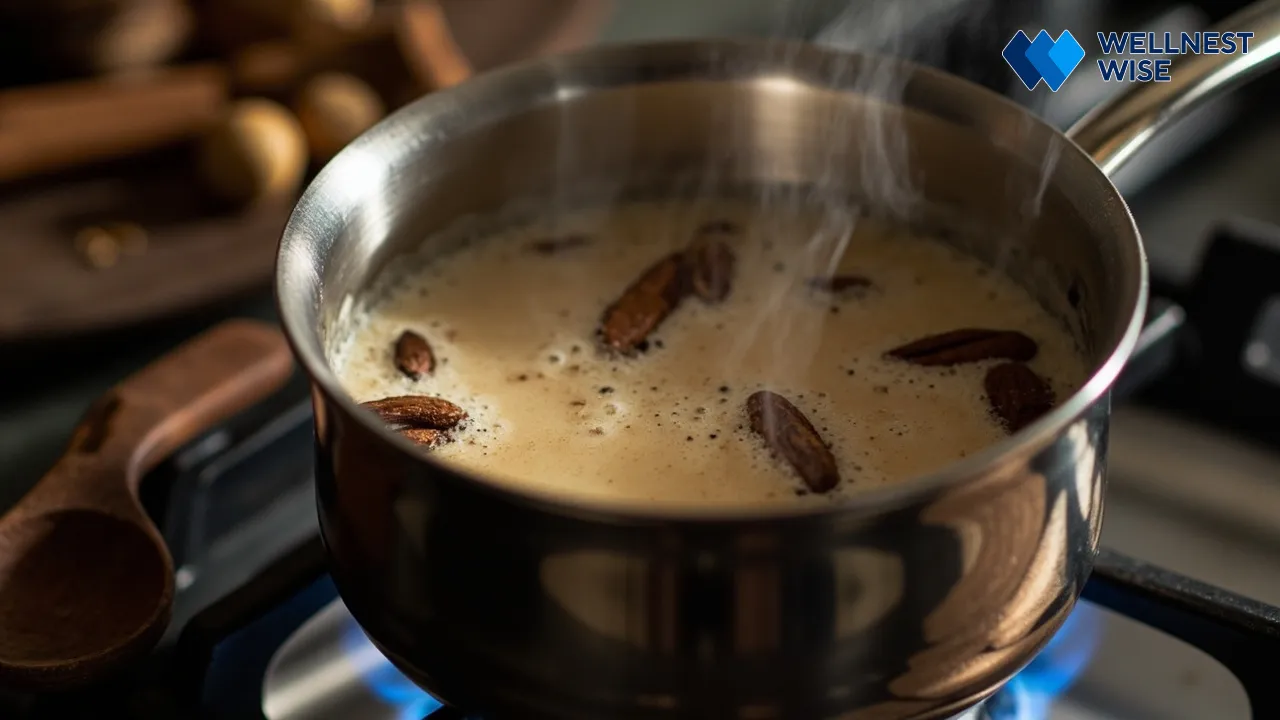 Saucepan simmering Masala Chai ingredients on a stove