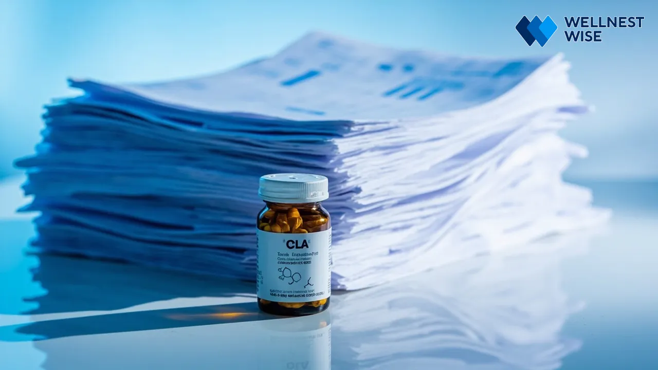Stack of scientific research papers on CLA efficacy for weight loss.