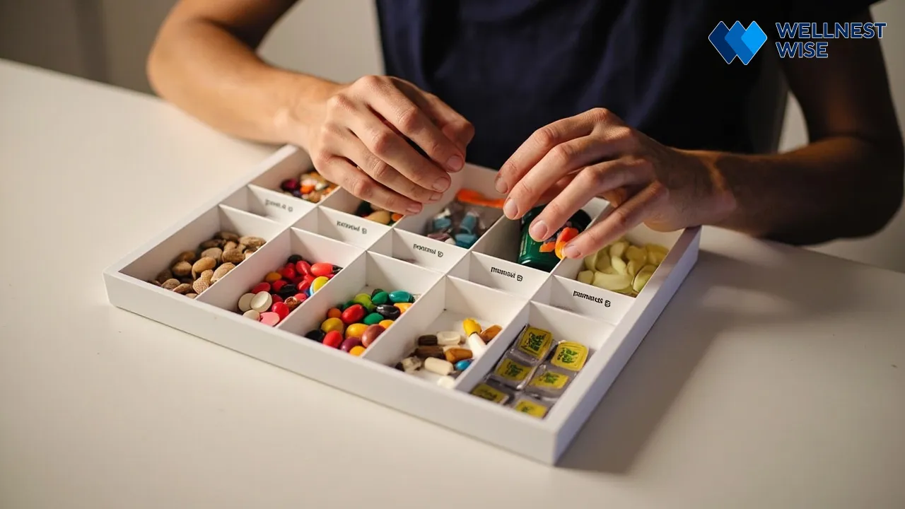 Person organizing weekly supplement pills, including CLA capsules, for consistency.