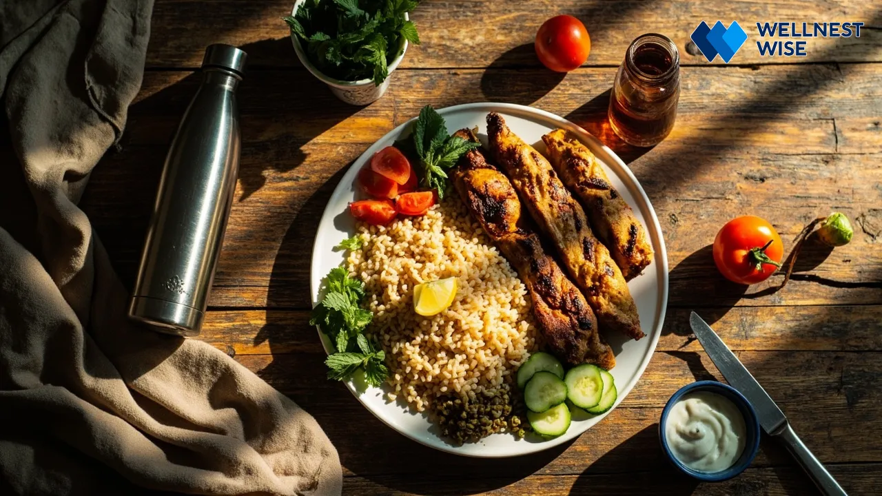Balanced healthy plate of food next to a bottle of supplements, emphasizing diet and exercise over pills.