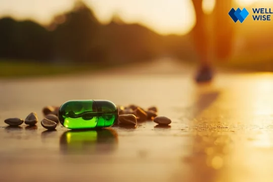 Green CLA supplement capsule derived from safflower oil next to raw safflower seeds.