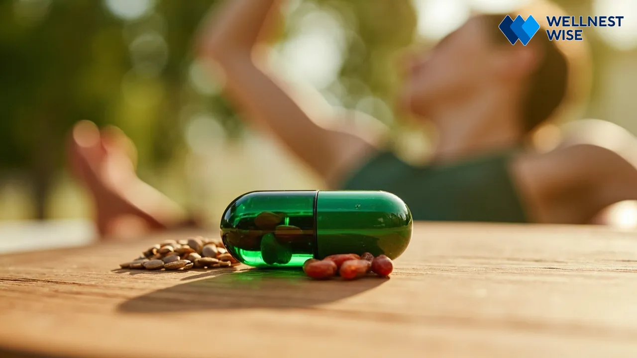 Green CLA supplement capsule derived from safflower oil next to raw safflower seeds.