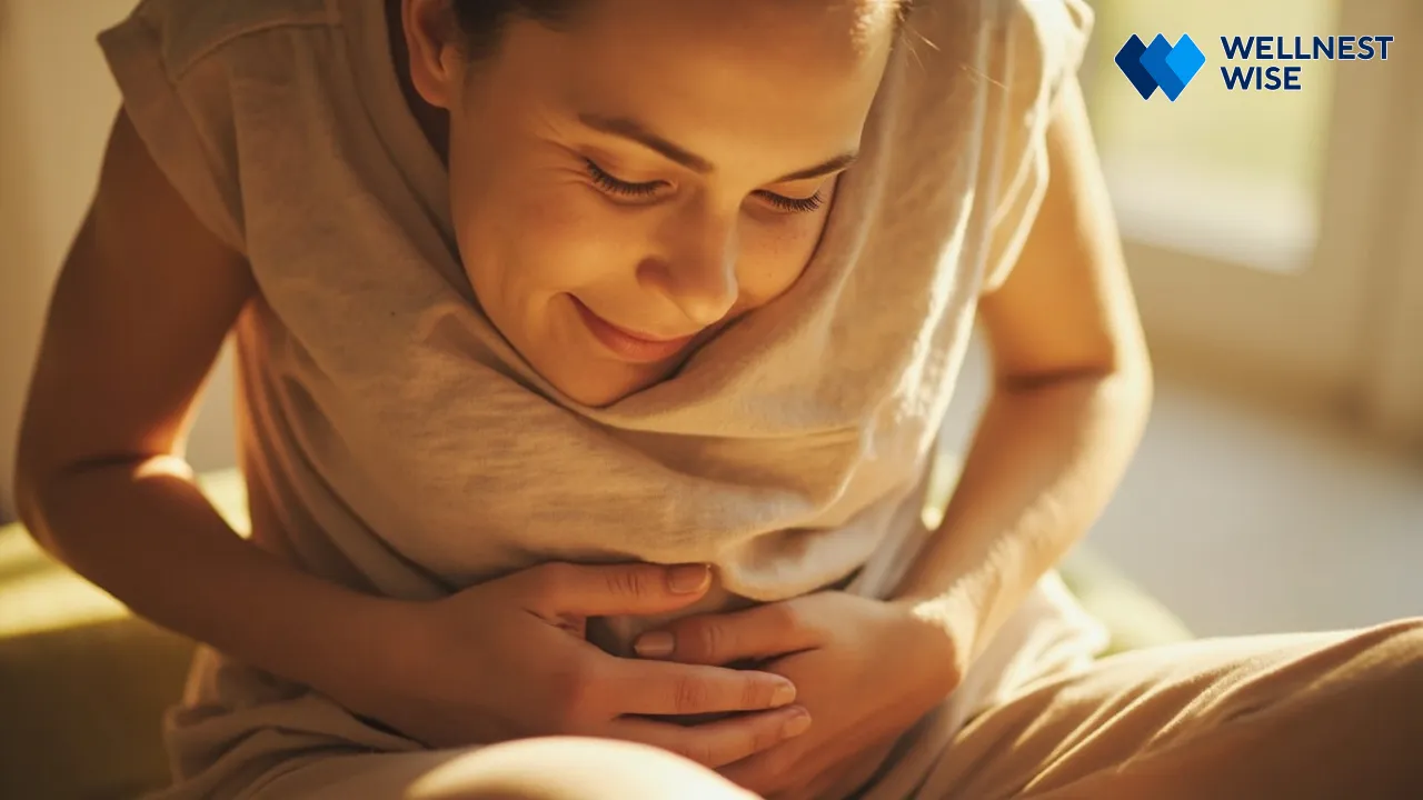 Person experiencing relief from digestive discomfort, symbolizing gut health and internal balance.