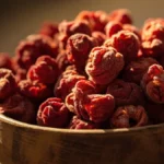 Dried silverberry fruit (Senjed) in a wooden bowl, highlighting its use as a natural health supplement.